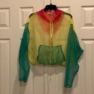Cropped sheer pullover hoodie, green, yellow and red